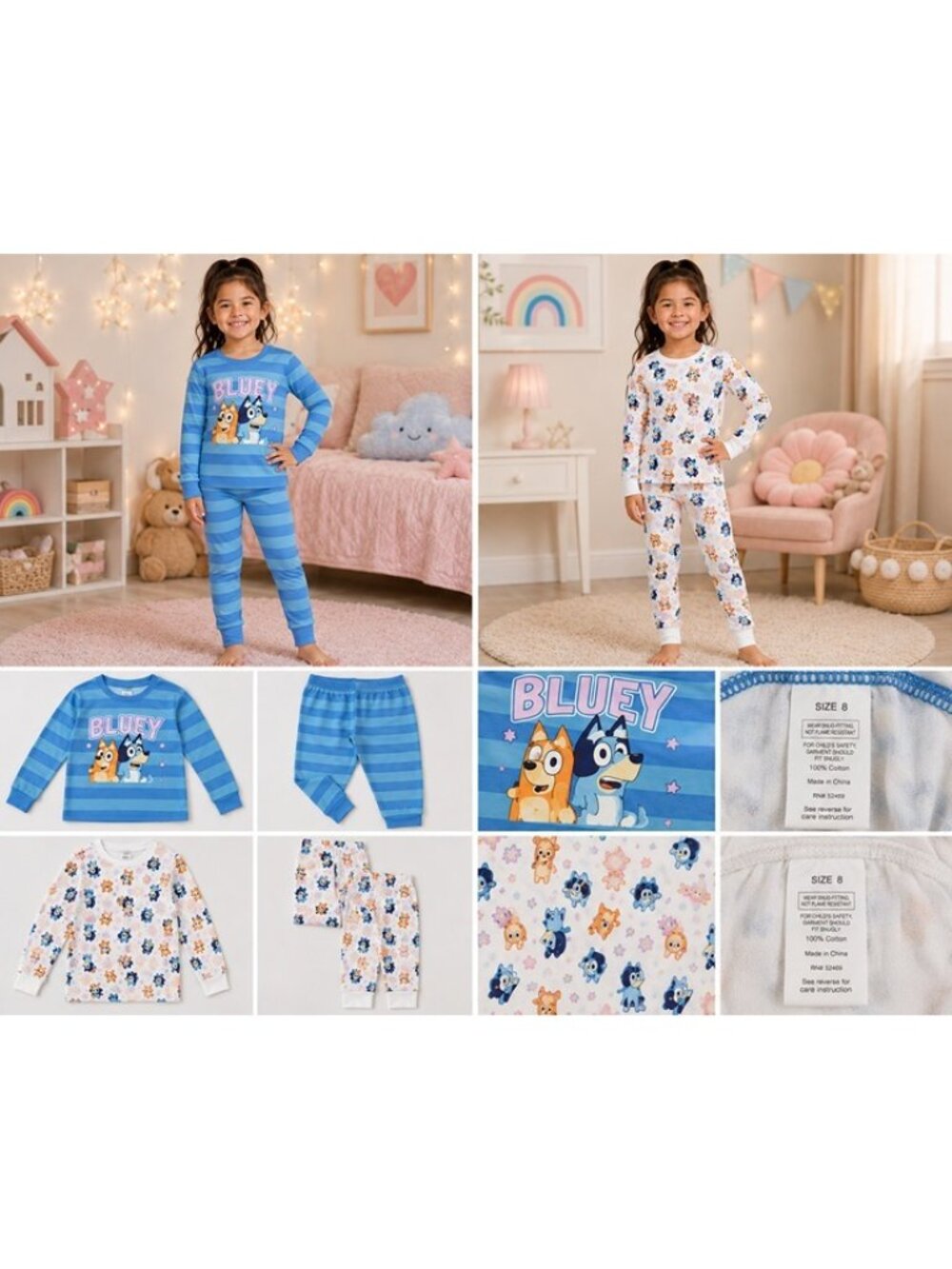 Bluey Girls 4-Piece Cotton Long Sleeve Pajama Set Bluey & Bingo Size 8
